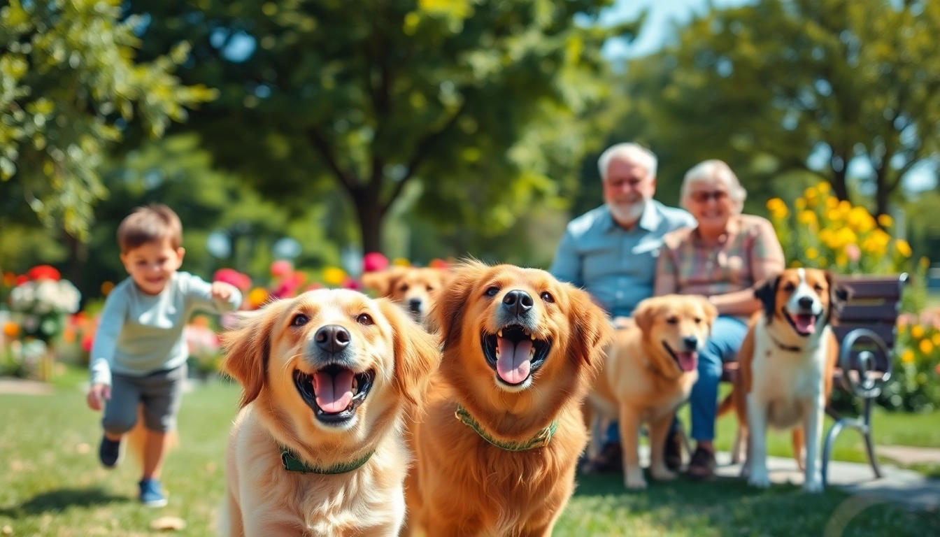 Speelse honden spelen op https://hondenverzorgers.nl, met een lachende familie in het park.