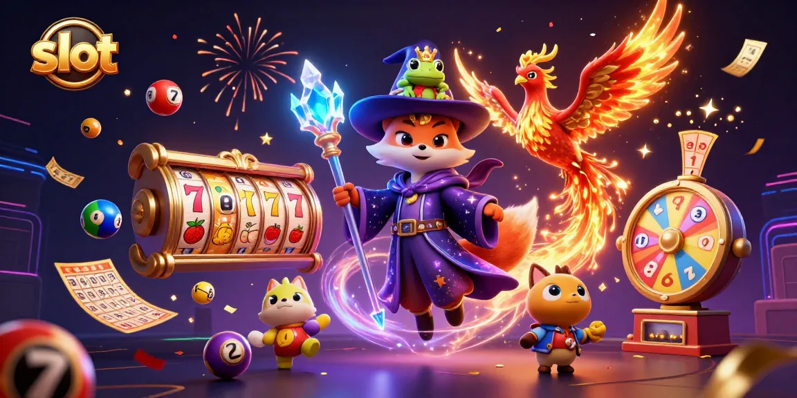 Slot kreatif yang menampilkan karakter ajaib dan elemen permainan kasino yang penuh warna.