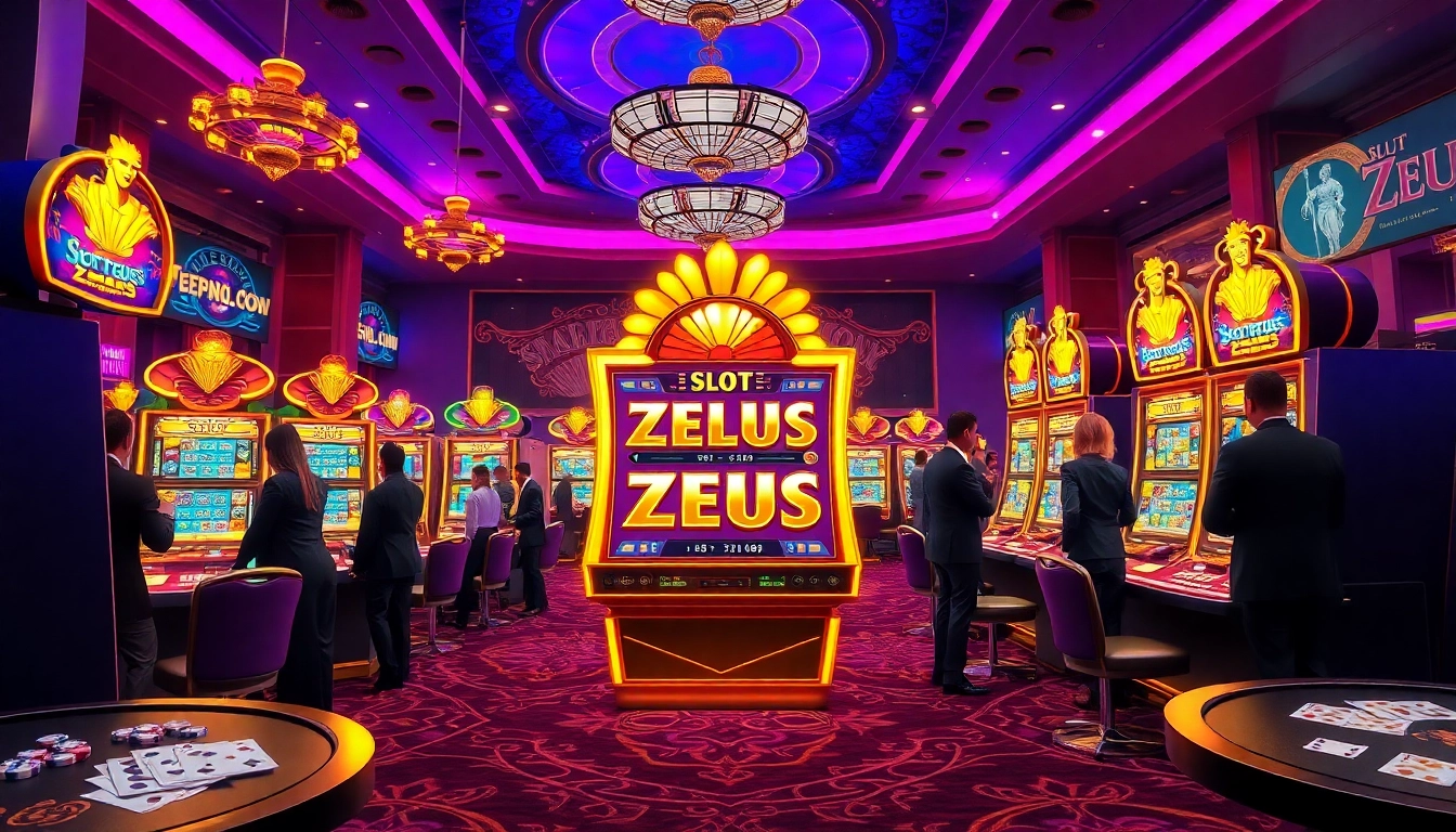 Putar mesin slot Zeus di tengah kasino yang penuh warna, menangkap kegembiraan permainan.