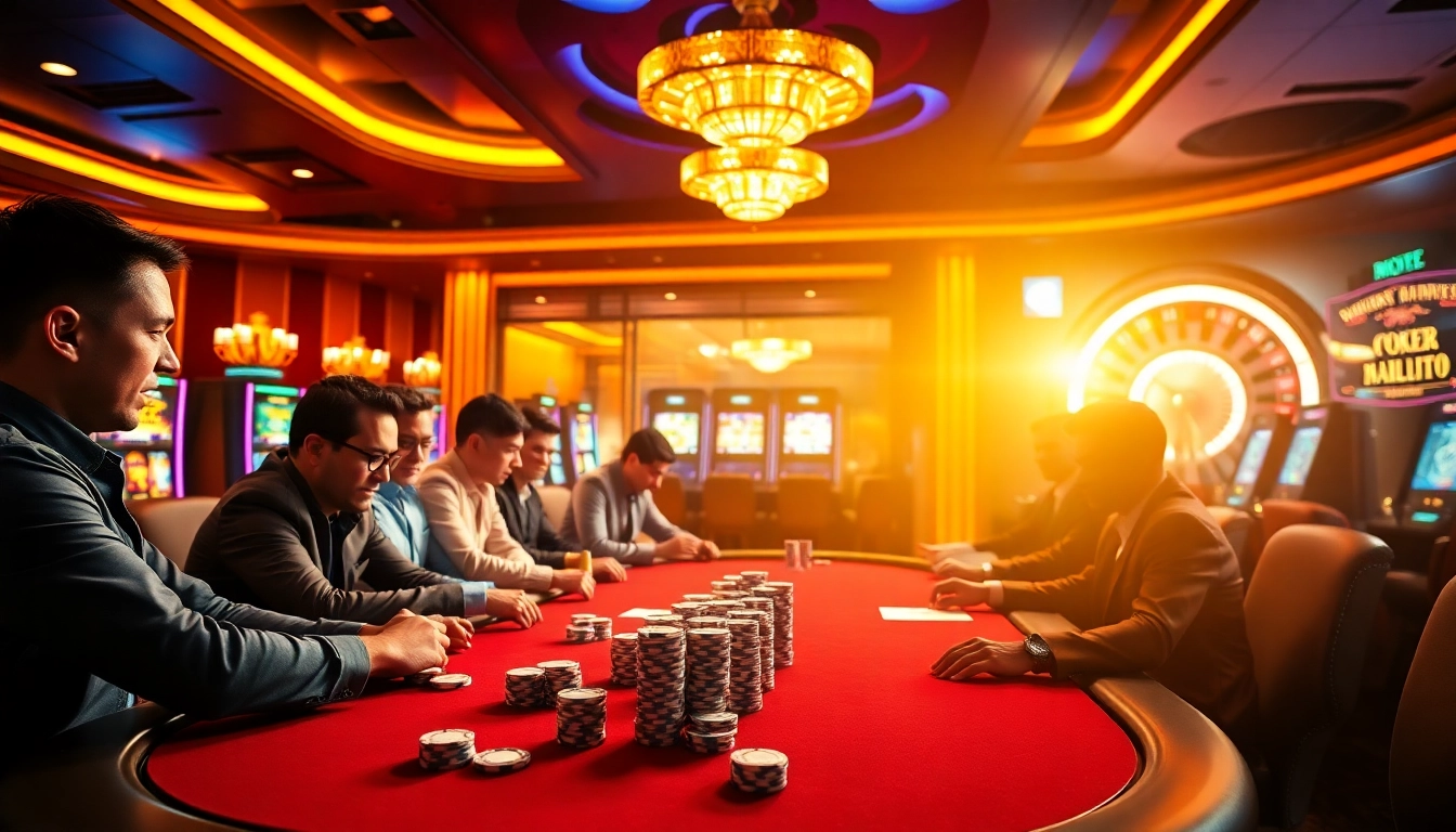 Joueurs de casino en ligne profitant d'un poker à enjeux élevés à une table élégamment éclairée.