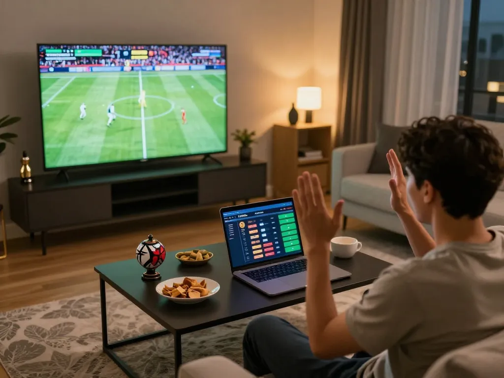Excited sports betting at home with Cakhia app on laptop during a live football match.