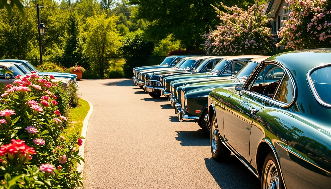 Showcase of stunning PRA Classic Cars lined up on a vibrant driveway surrounded by nature.