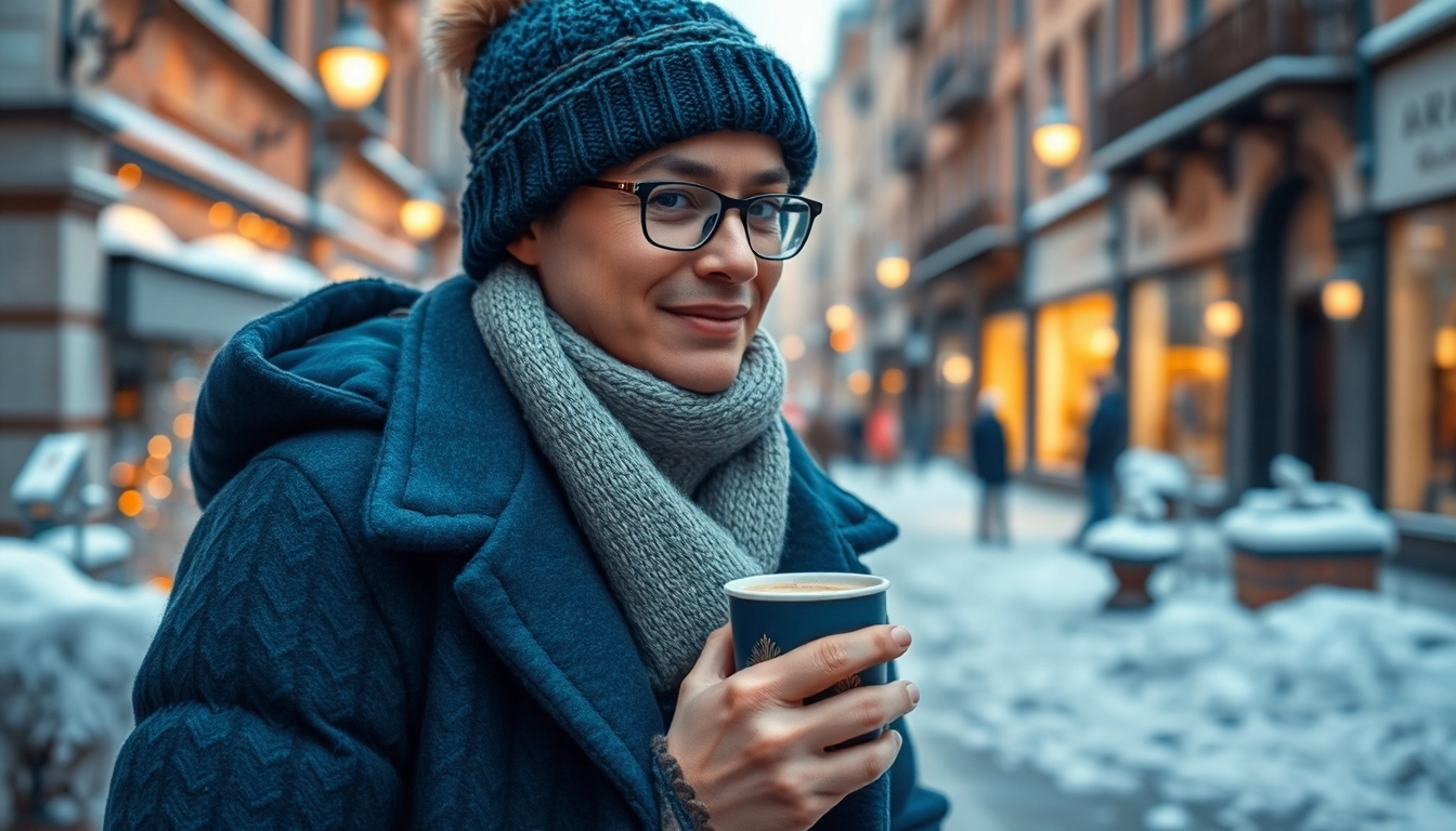 Model showcasing elegant winter fashion in a snowy city landscape with winter clothes.