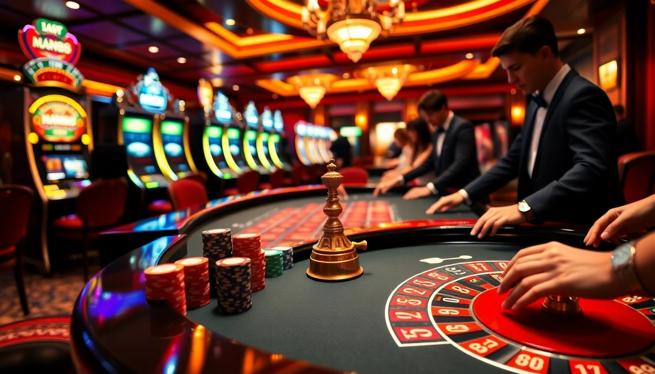 Experience high-stakes excitement at Man88's lavish casino tables with vibrant poker chips.