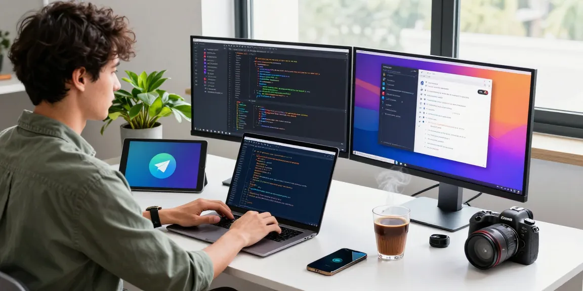 Developer focused on 纸飞机下载 in a tech workspace, showing vibrant code and communication.