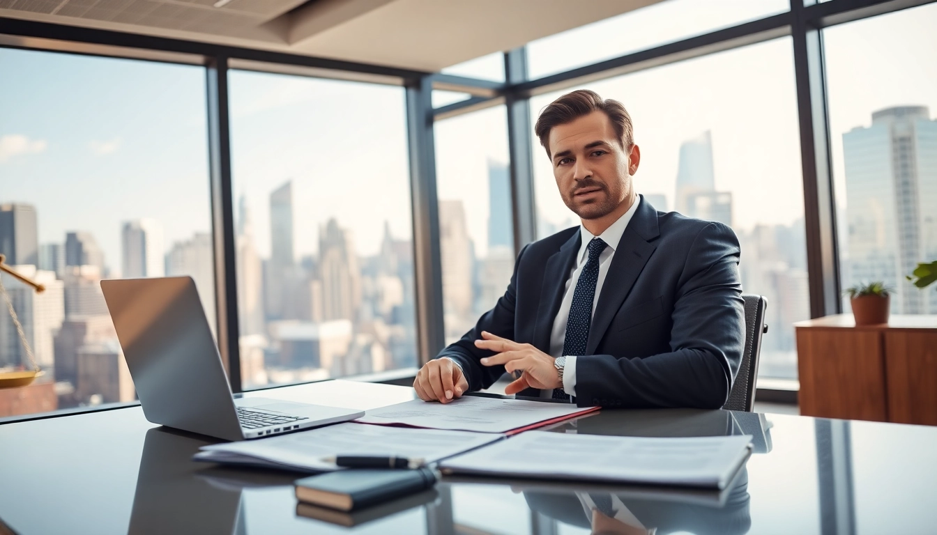 Engaging New York City Personal Injury Lawyer consulting in a modern law office setting with a city skyline view.