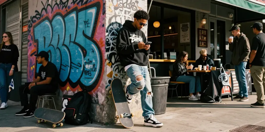 Stylish individual reviewing the Stussy spreadsheet in urban fashion setup.