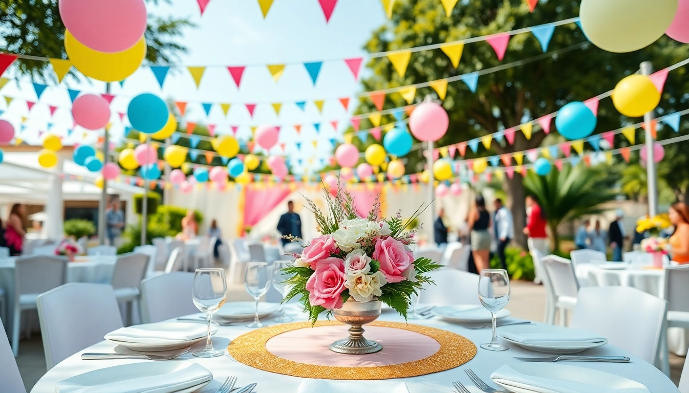 Colorful party rentals setup inviting guests to celebrate in a vibrant outdoor atmosphere.