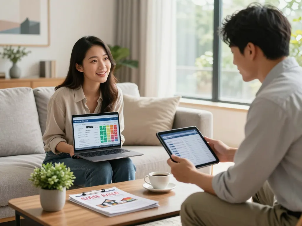 A woman discusses a quick house sale with a cash buyer in a modern living room.