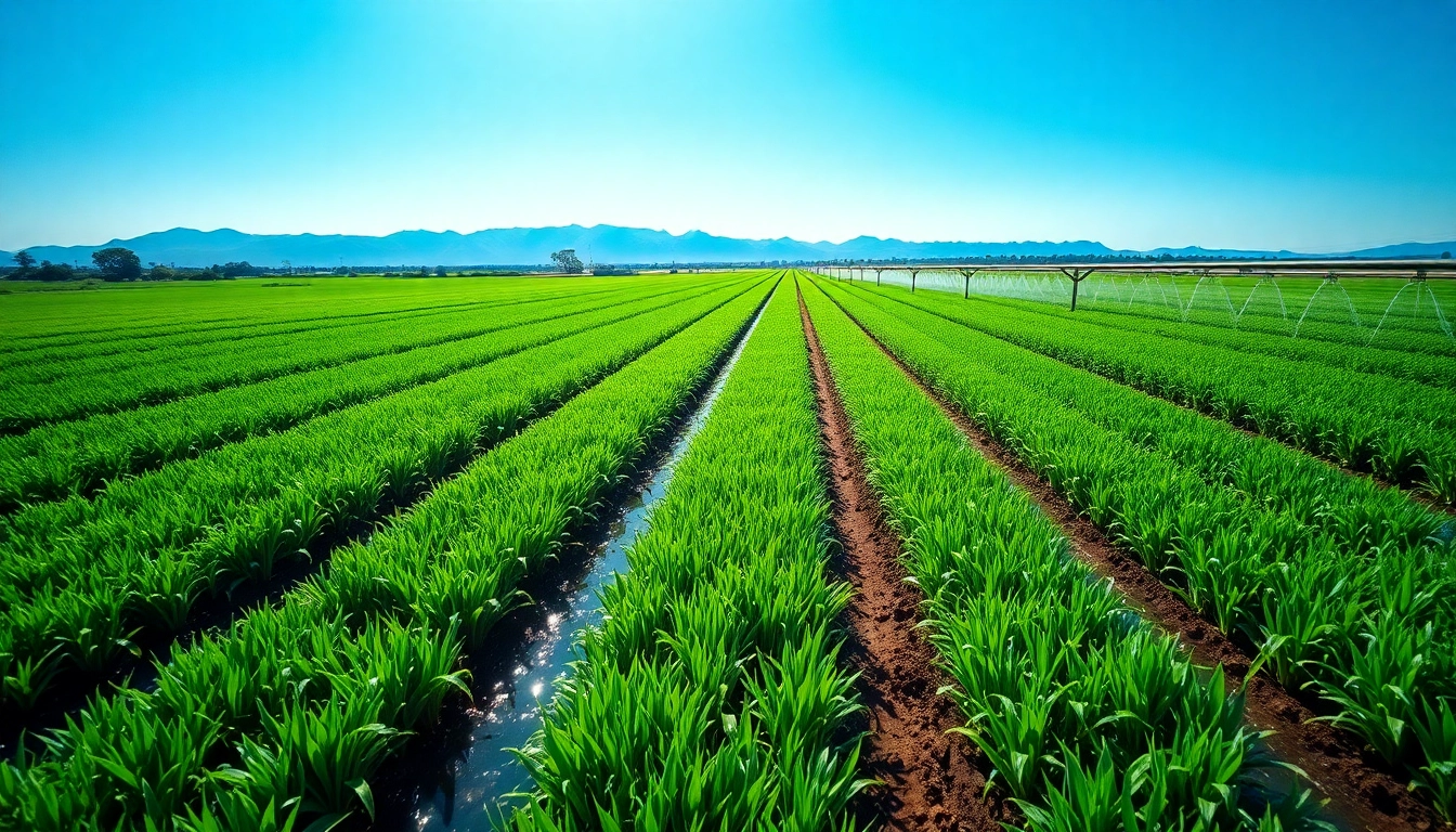 Land irrigation system actively watering lush crops in a vibrant agricultural landscape.