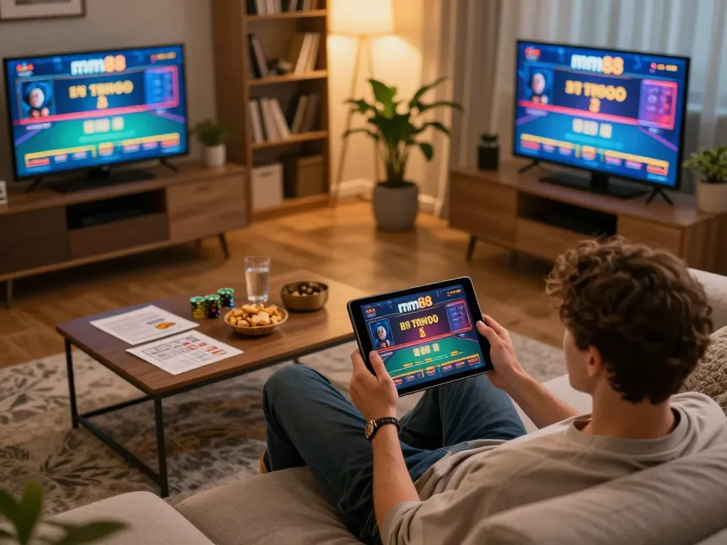 Person enjoys an exciting mm88 online casino session on a tablet, showcasing a cozy home setting with stylish decor and betting notes.