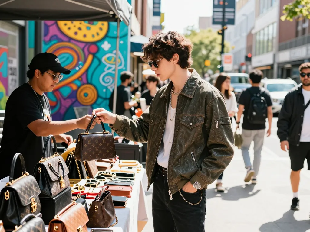 Fashionable person engaging at a market stall showcasing stylish 레플리카 handbags in an urban environment.