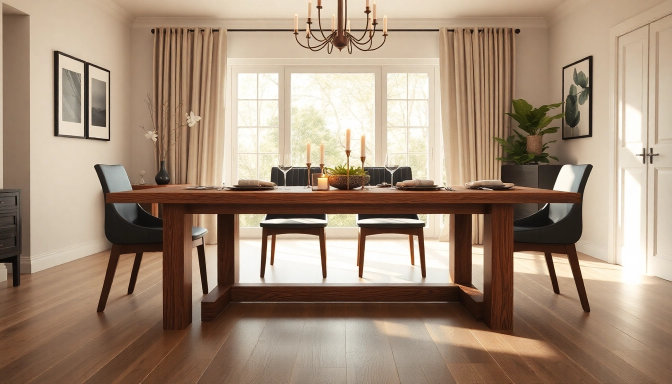 Highlighting a stunning Custom dining table in a modern, cozy dining space set for an elegant meal.