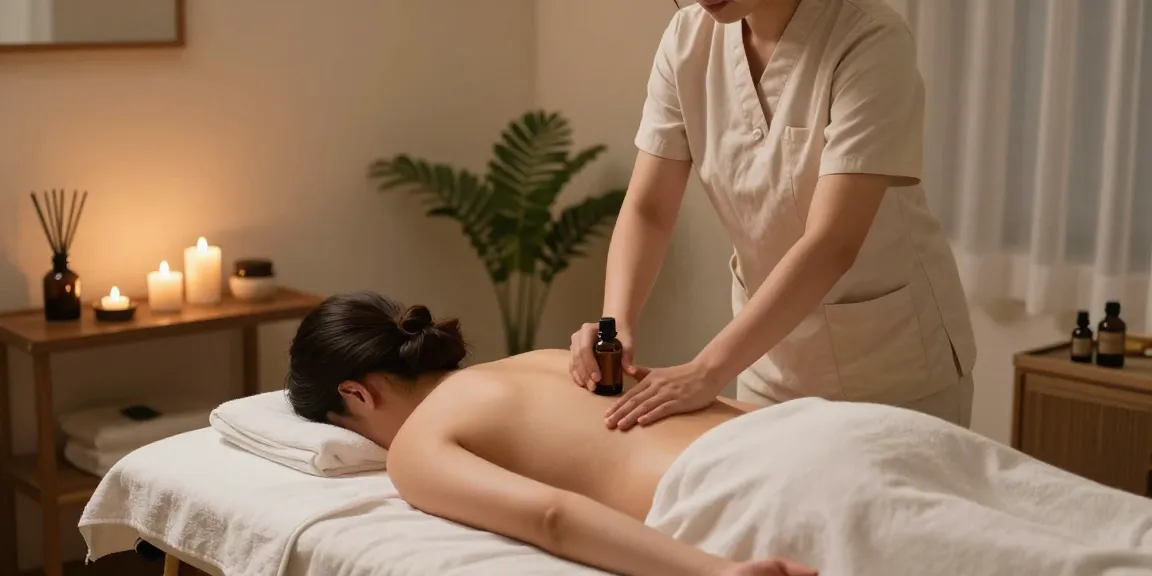 1인샵 마사지 테라피 장면, 아로마 오일을 사용하는 관리사와 편안한 분위기