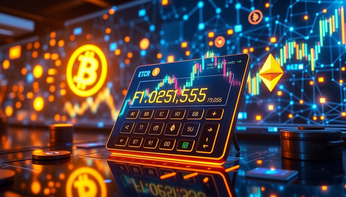 Calculator for cryptocurrency trading with blockchain visuals and Bitcoin charts
