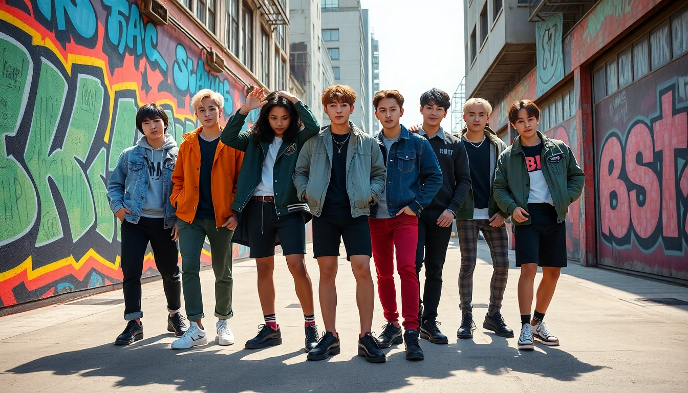 Engaging moment of bts members showcasing their unique styles and personalities in a vibrant setting.