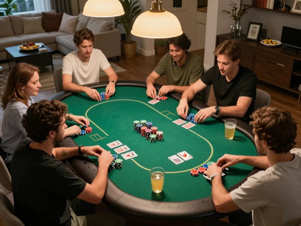 Engaging home poker night with players enjoying strategic gameplay at the center, featuring vibrant giường bệnh nhân themed casino moments.