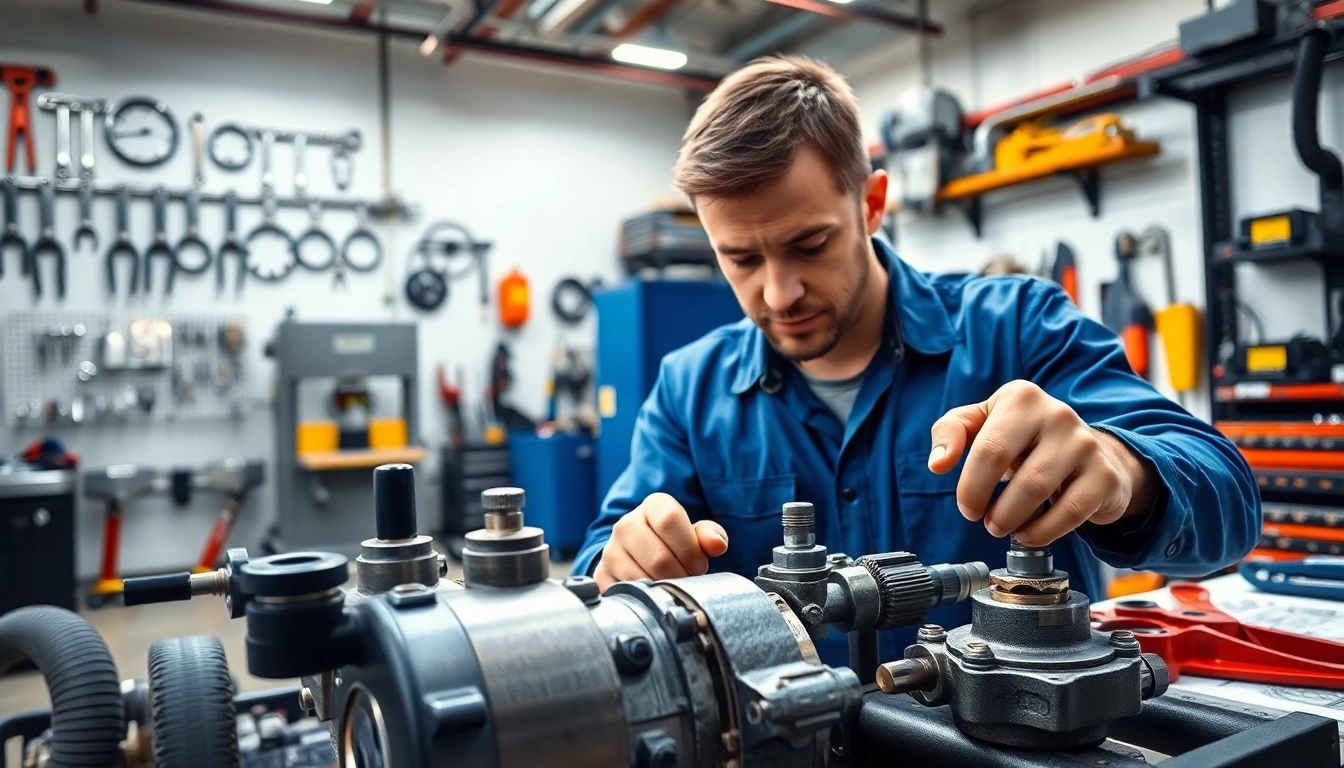 Technician performing mobile hydraulic services on hydraulic equipment in a busy workshop.