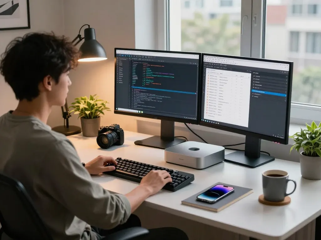 Developer utilizing Mac mini in a cozy home workstation with dual monitors and modern gadgets