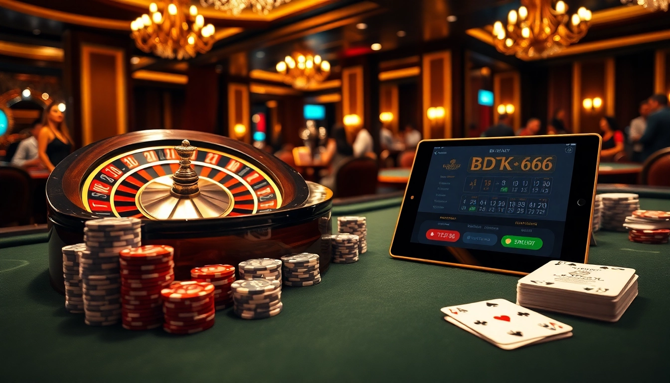 Engage with BDTK666 in a stunning casino scene featuring roulette, poker chips, and a sleek tablet.