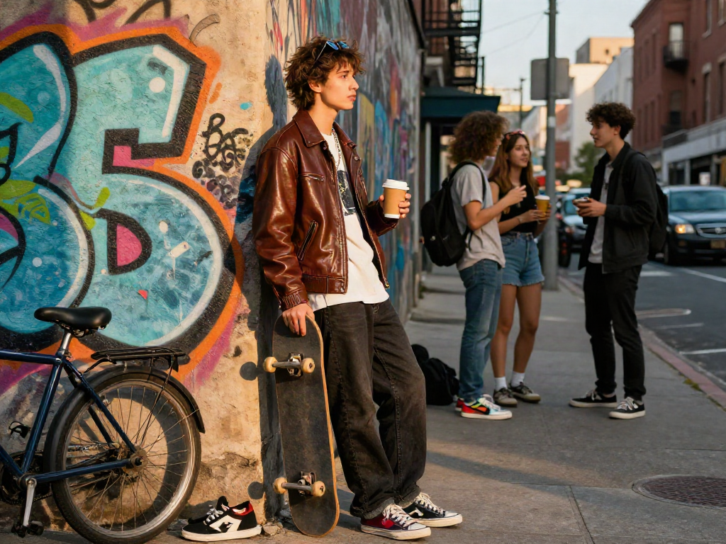 Stylish individual in leather jacket against urban graffiti wall, exuding confidence and community vibe.