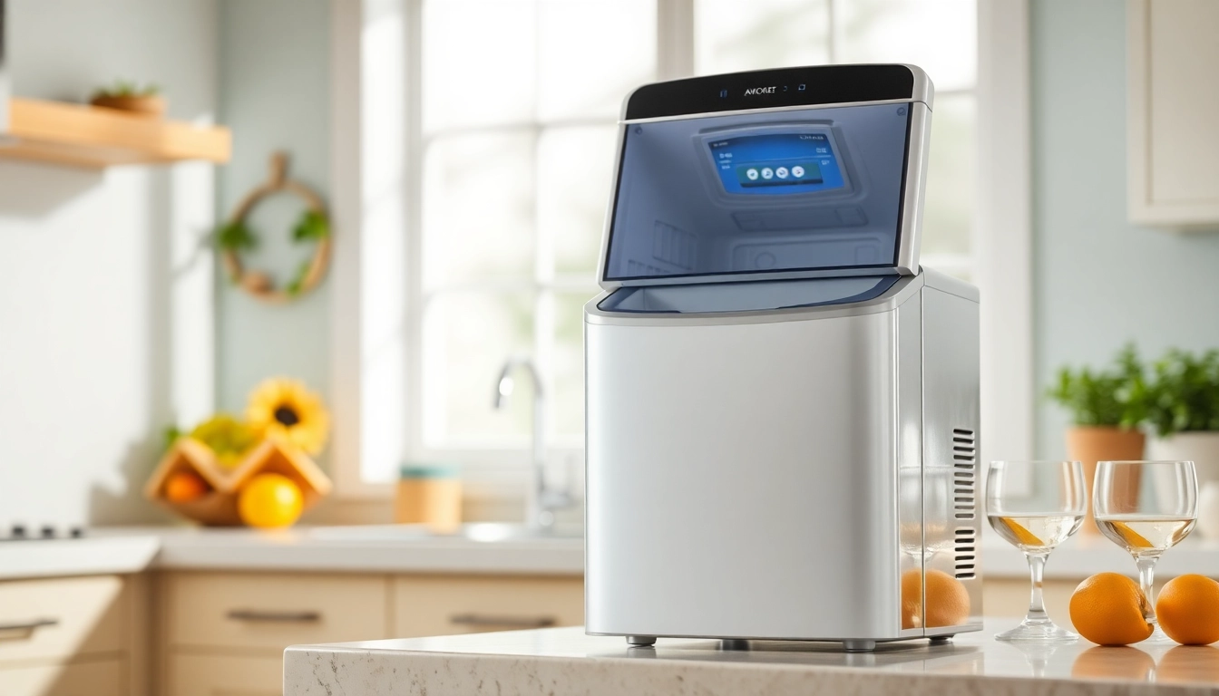 Showcase an affordable ice maker in a cozy kitchen, emphasizing its sleek design and usability.