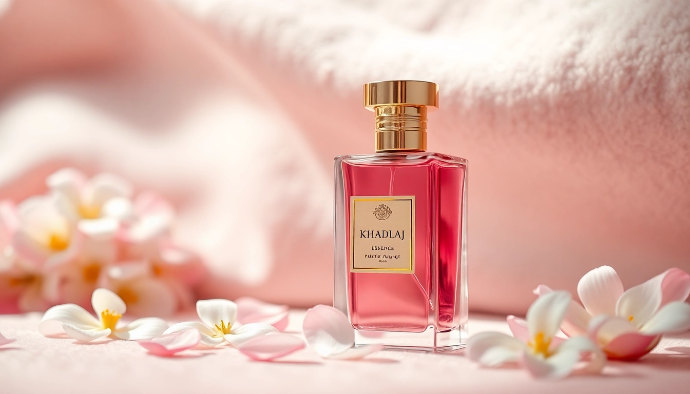 Khadlaj geurige parfumfles met bloemen omringd, een luxe uitstraling creëren.