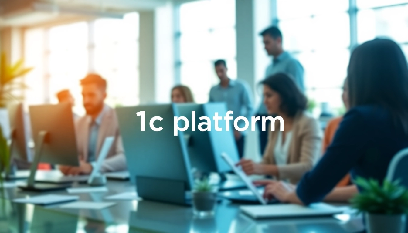 Team collaborating around the 1cplatform logo in a professional setting.
