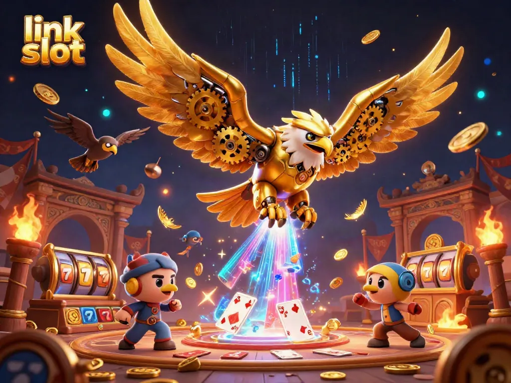 Menangkan jackpot di link slot sambil menyaksikan elang emas berteknologi tinggi meluncur melalui kartu permainan holografik.