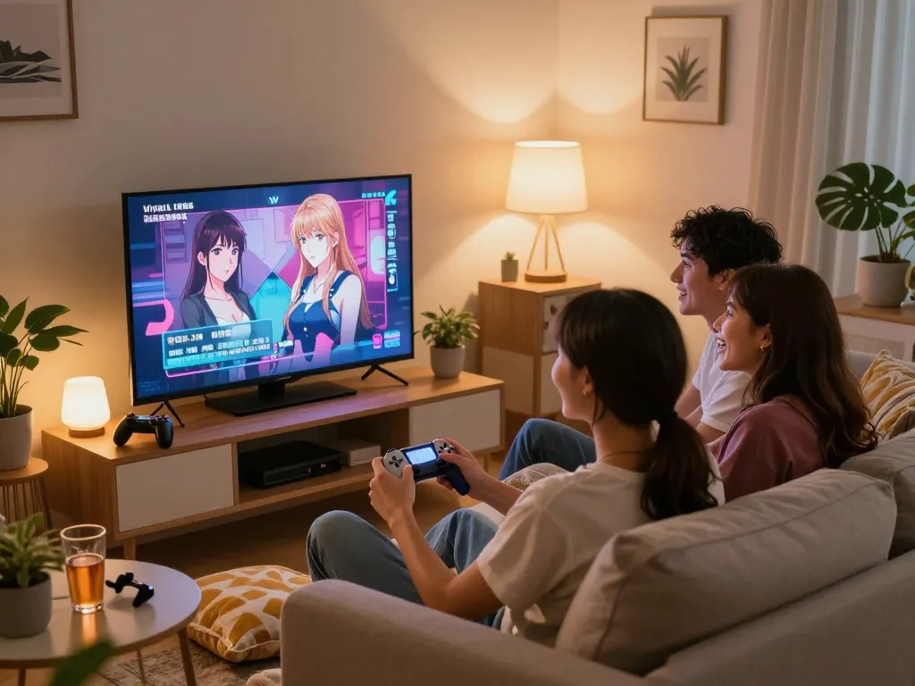 Couple engaged in a sex simulator game on a cozy couch, capturing playful expressions and intimate atmosphere.