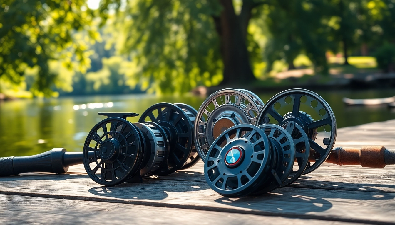 Showcase of the best fly fishing reels displayed on a dock by a calm lake.