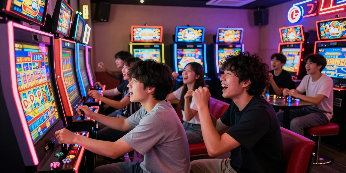Exciting scene at a Japanese gaming lounge with friends engaging at a slot jepang machine, lively atmosphere and neon lights.
