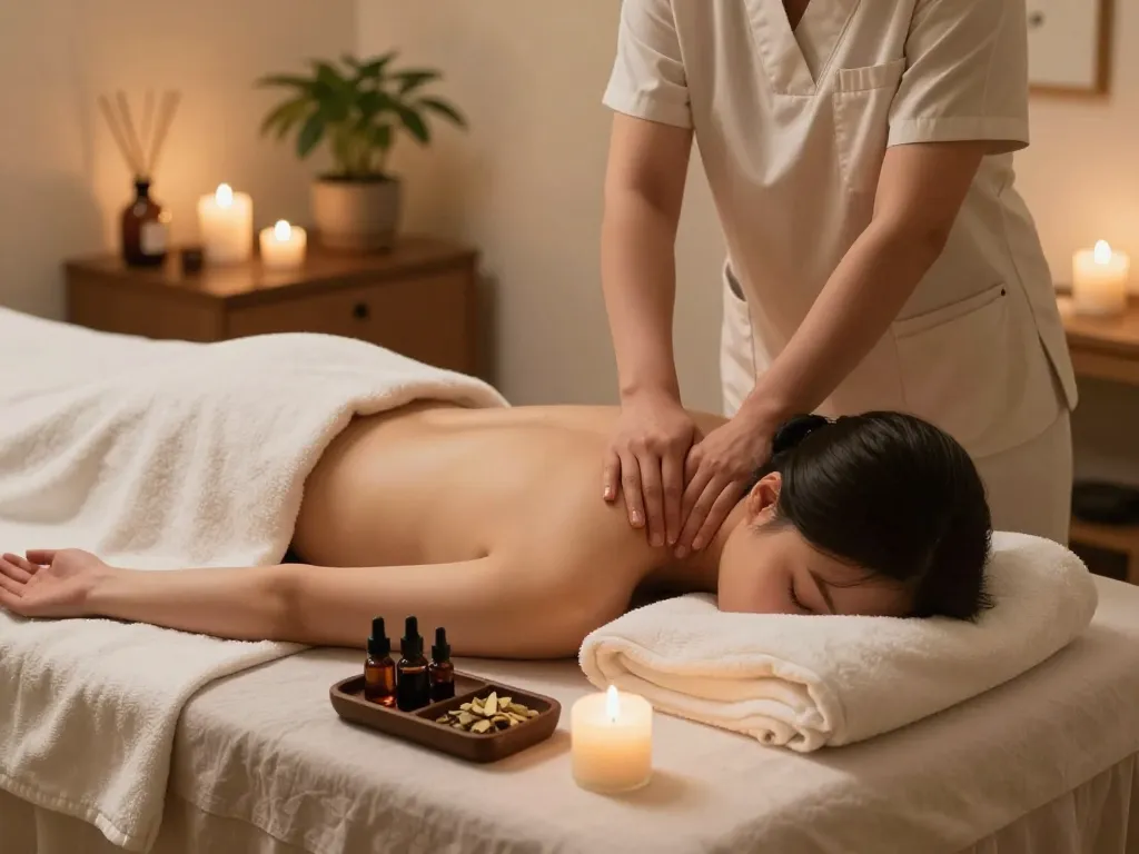 Relaxing 삼성동마사지 scene in a luxurious spa with soft lighting and calming atmosphere.