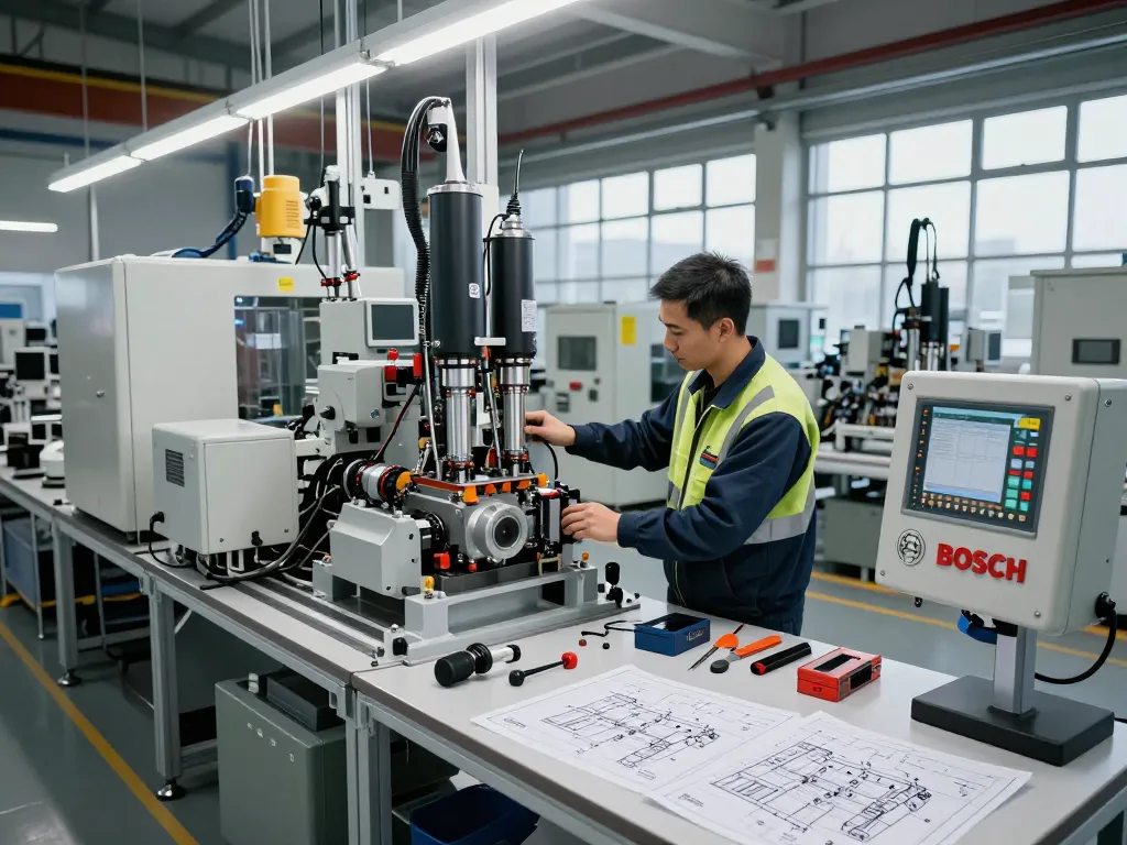 Technician examining Bosch Rexroth hydraulic systems in modern engineering workspace