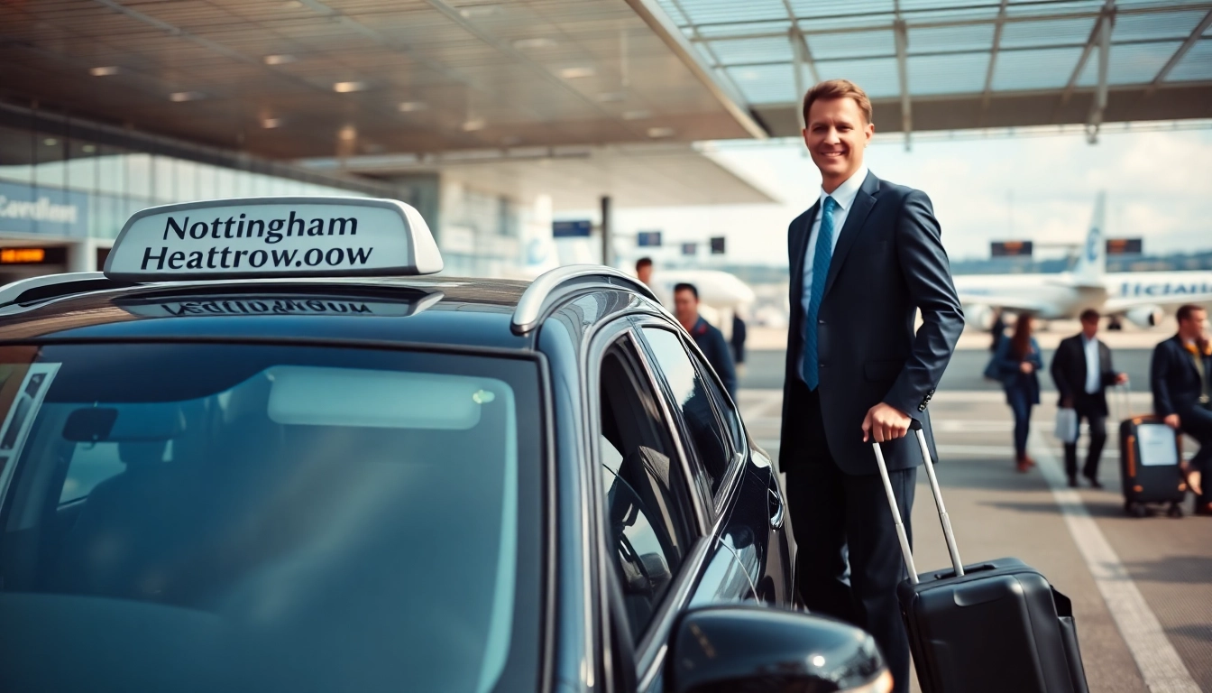 Book Nottingham to Heathrow Taxi with a sleek vehicle at the airport terminal, ideal for business travelers.