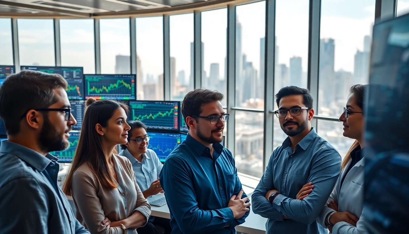 Traders collaborating in a modern office focused on crypto quant trading firms strategies.