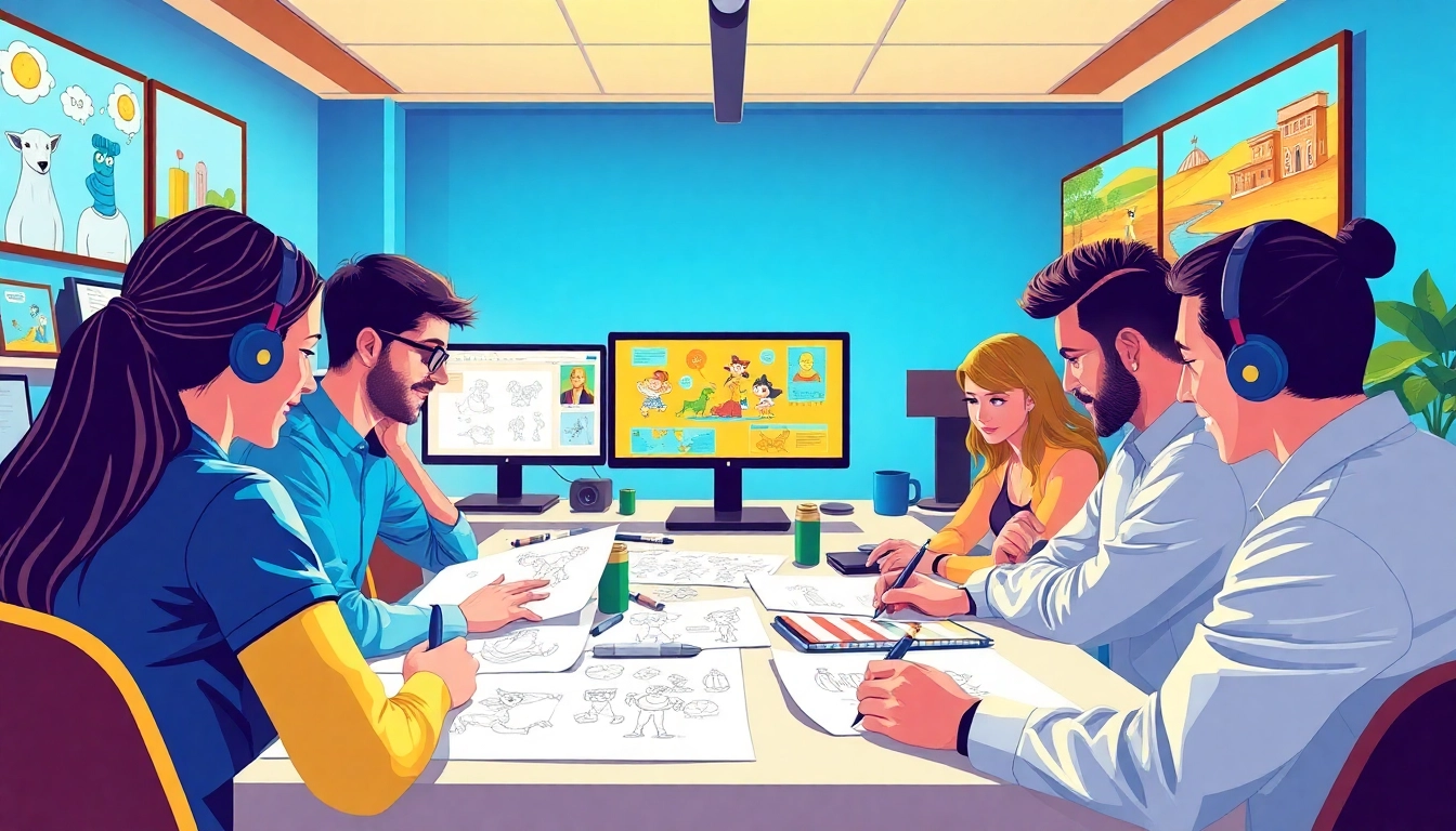 Animation Agency team collaborating on creative designs in their vibrant studio.