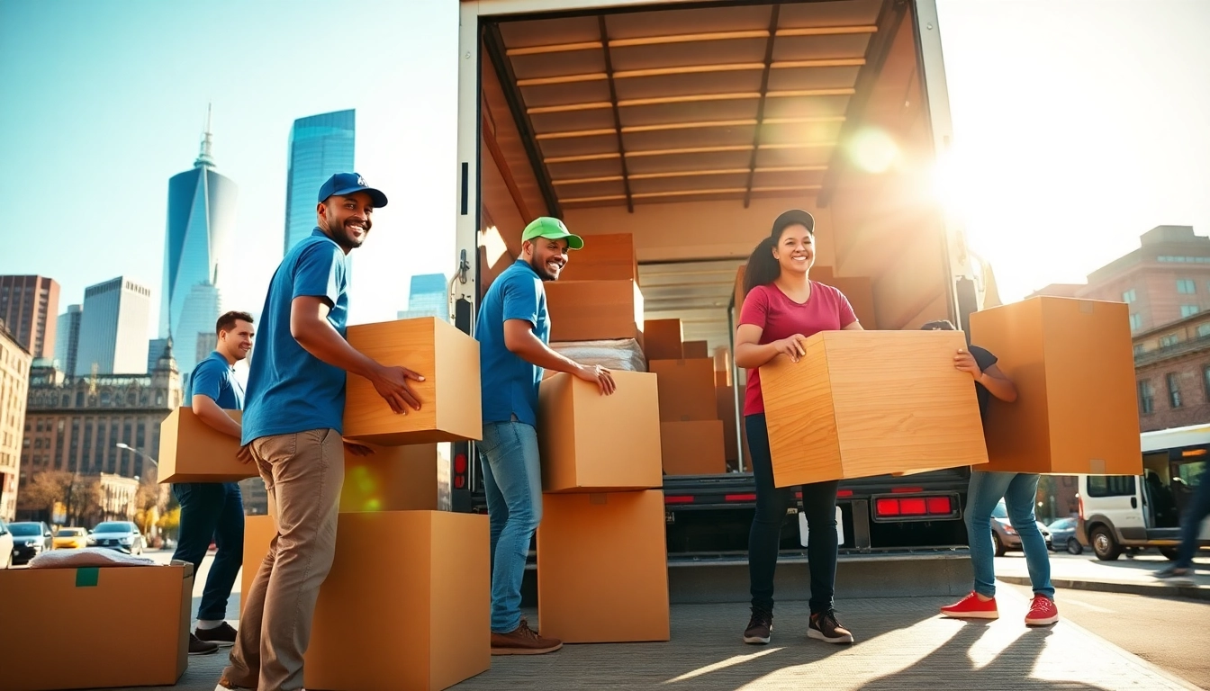 Team of boston local movers efficiently loading a truck amidst the vibrant Boston skyline.