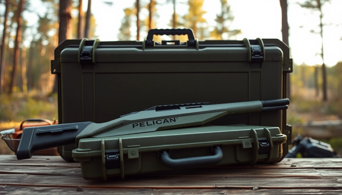 Secure pelican rifle case displayed outdoors showcasing its durability and rugged features.