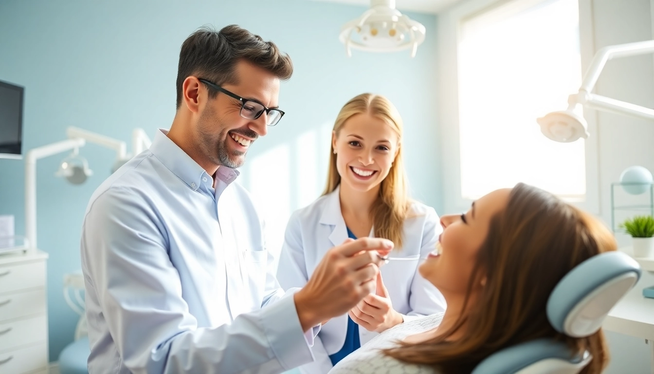 Orthodontics consultation with a smiling orthodontist assisting a patient in a bright office.