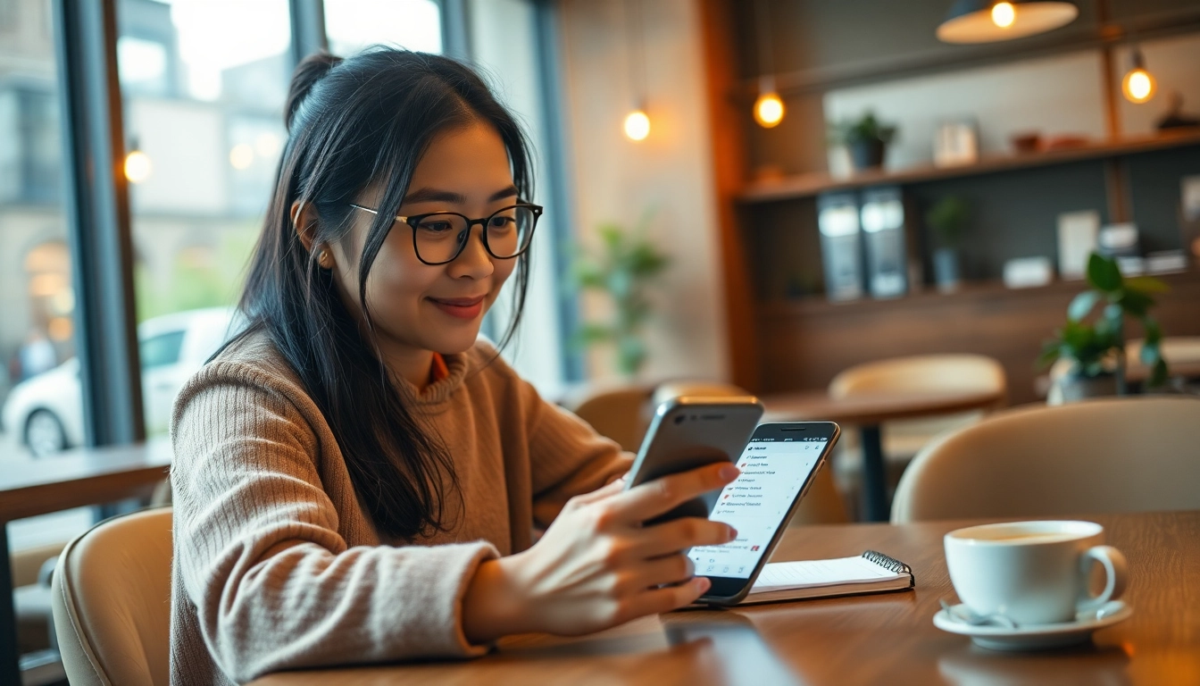 User engaging with 有道翻译 app in a cozy café setting, showcasing translation interface.