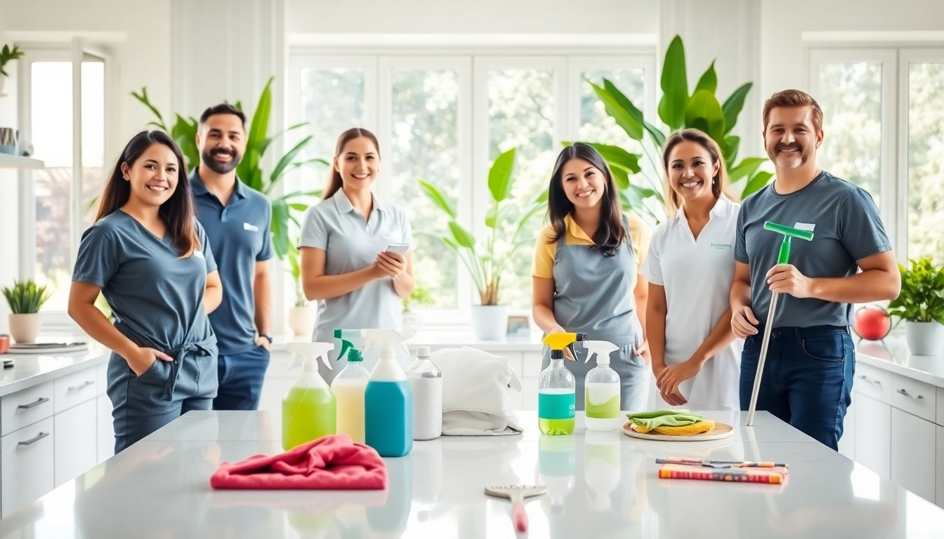 Cleaners providing exceptional cleaning service in a sparkling modern home kitchen.
