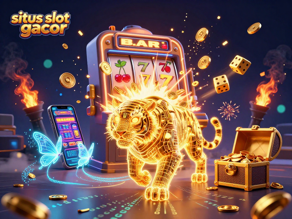 Spin and win with situs slot gacor in this vibrant digital casino scene featuring a golden tiger and jackpot elements.