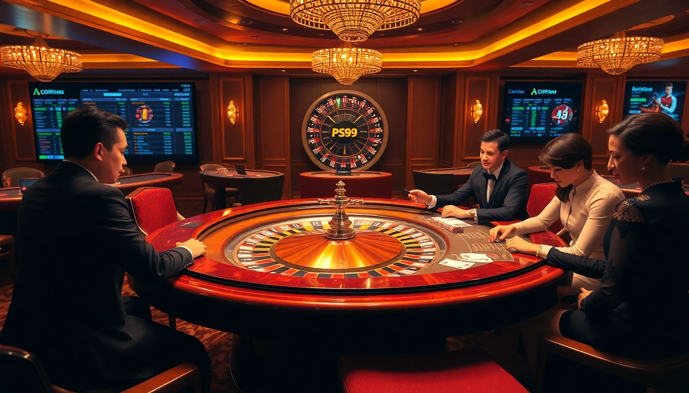 Excited players enjoying a PS99 casino experience at a luxurious blackjack table.