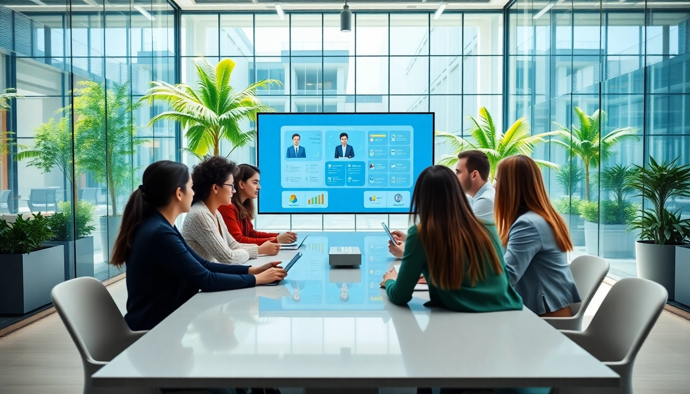 Team collaborating with an enterprise ai assistant in a modern office setting.