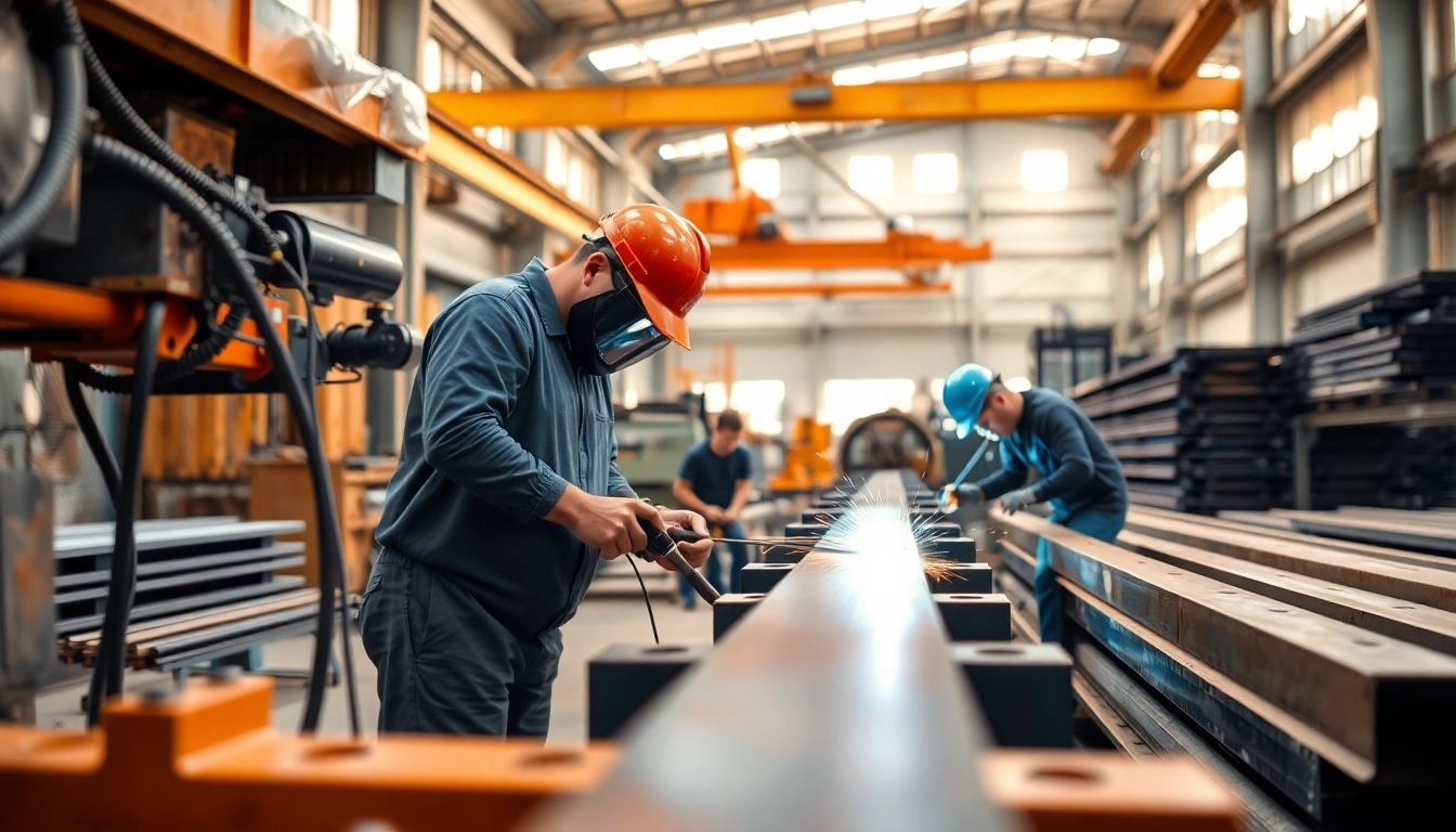 Workers engaging in structural steel fabrication, highlighting precision welding and cutting techniques.