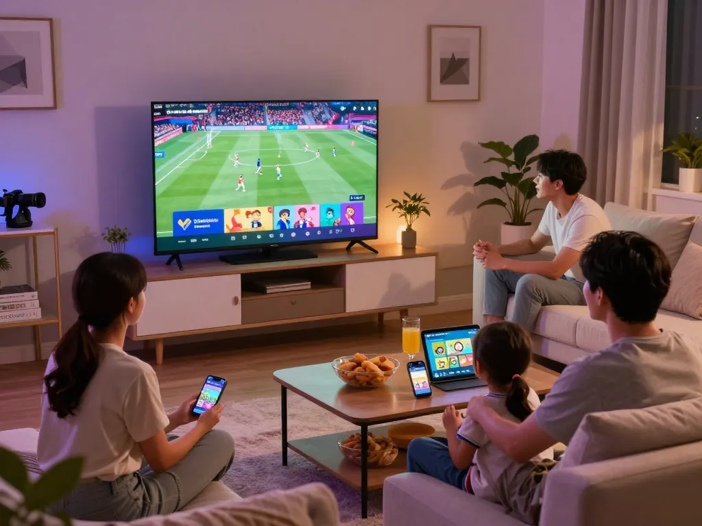 Gezin geniet van de IPTV Nederland streamingervaring in een gezellige woonkamer met moderne inrichting.