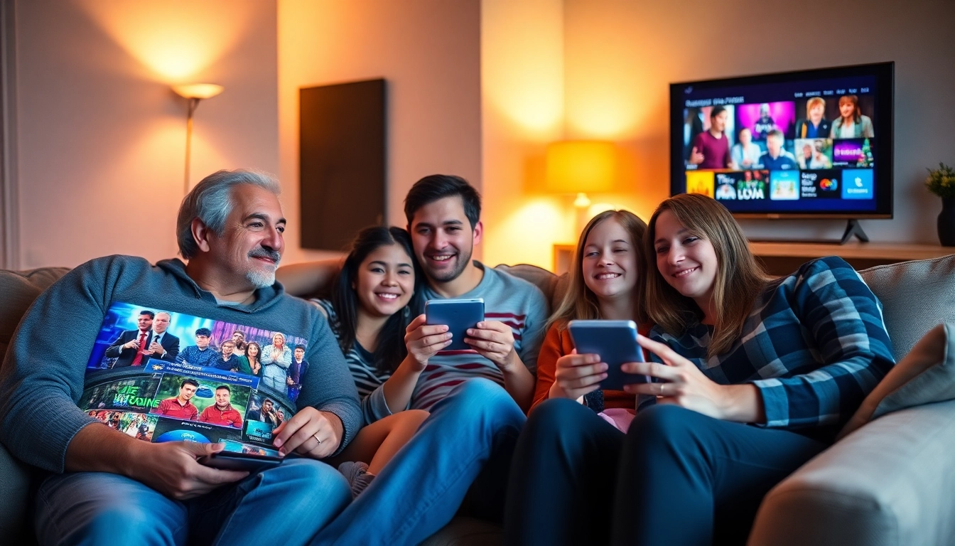 Families enjoying quality time watching tv shows online in a cozy living room setting.