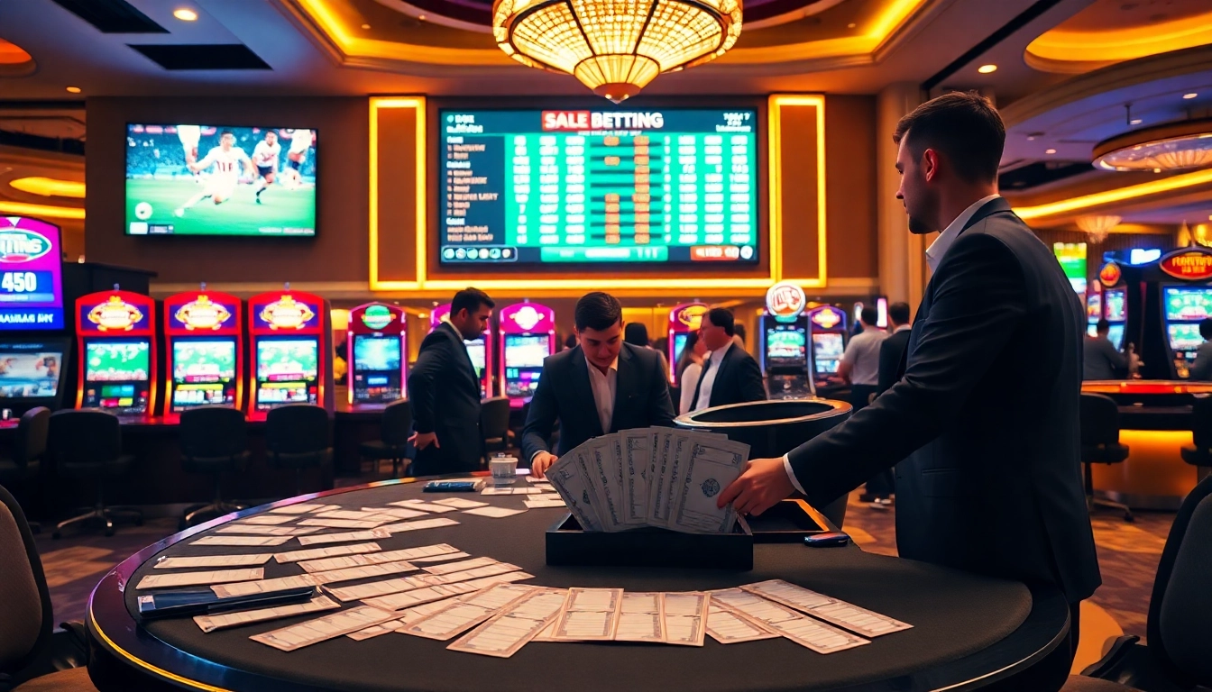Xem tỷ số trực tuyến 7m at an elegant casino table with vibrant betting slips and lively atmosphere.