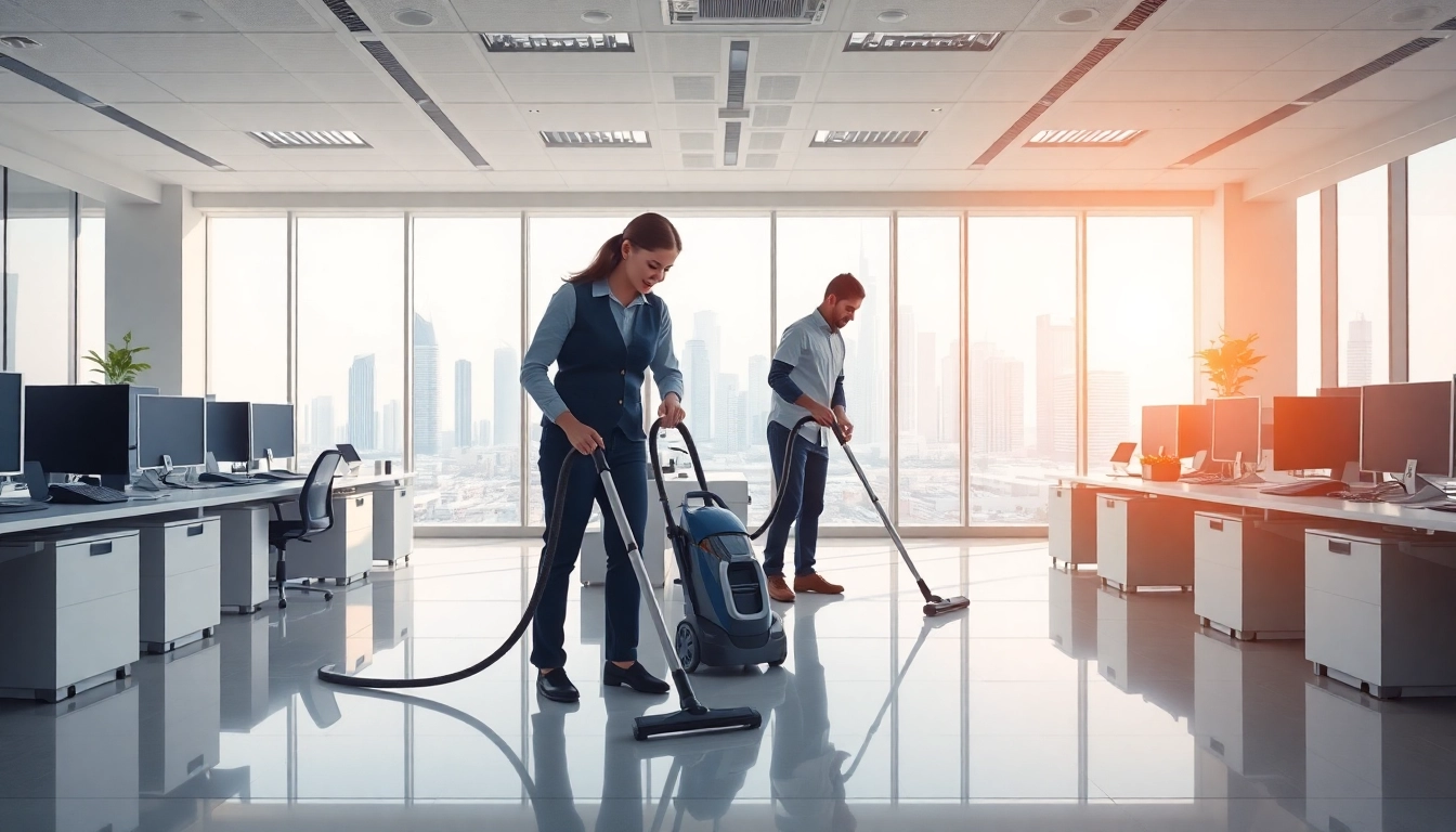 Reliable Office Cleaning Services Dubai professionals efficiently cleaning a modern corporate environment.
